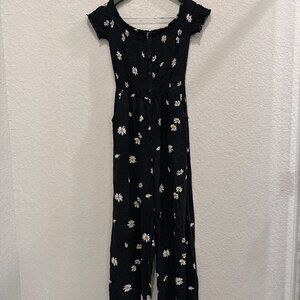 Women's Black Cotton Romper with White Floral Print & Boutique Button Size S